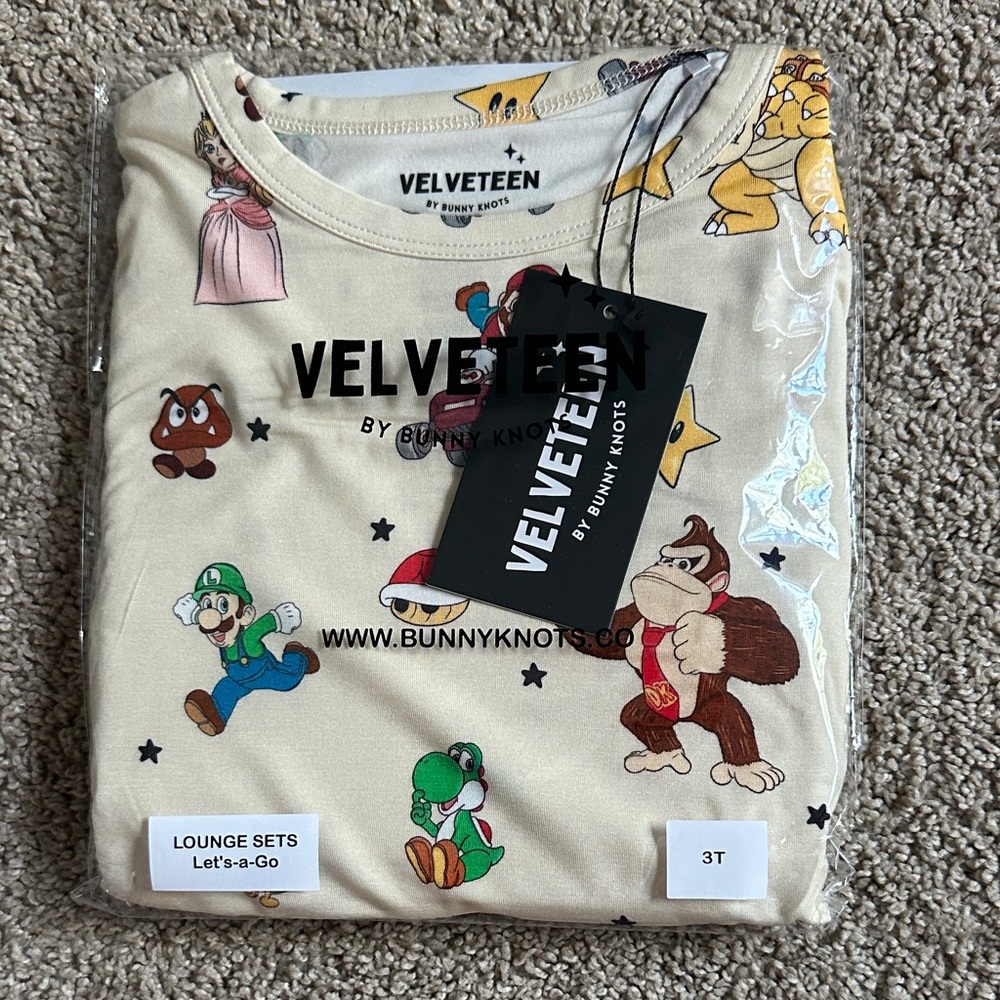 Velvet Kids Pajama Set - Cream with Cartoon Characters